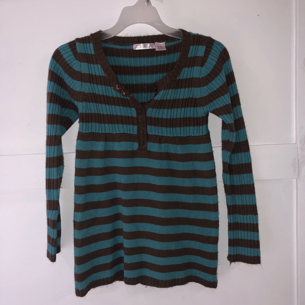 Brown and Teal Striped Button-down Sweater
